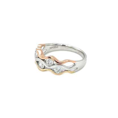 18ct White, Yellow & Rose Gold Diamond Wave Ring (Size M)