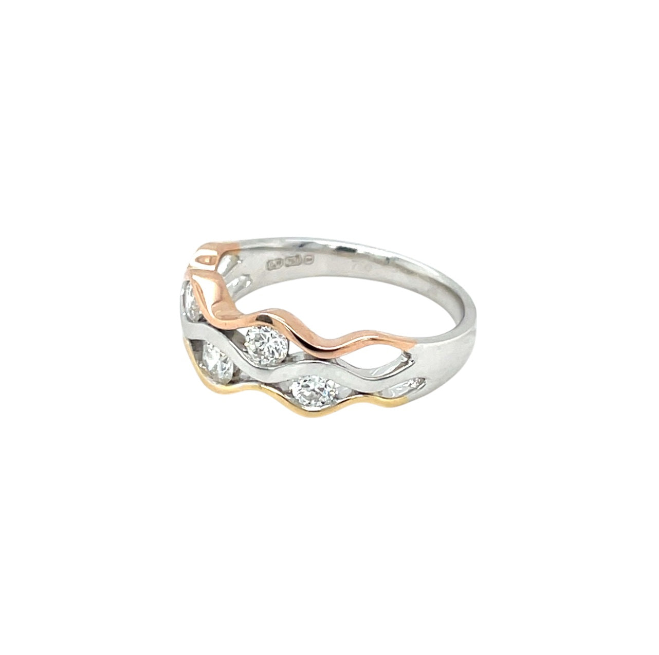18ct White, Yellow & Rose Gold Diamond Wave Ring (M)