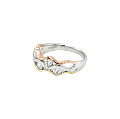 18ct White, Yellow & Rose Gold Diamond Wave Ring (M)