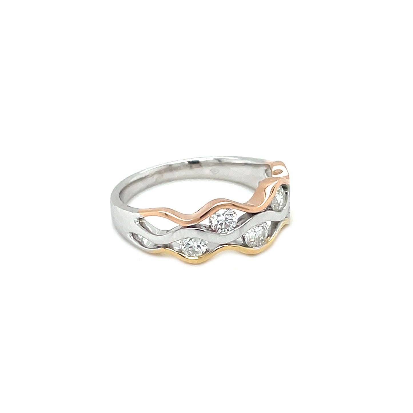 18ct White, Yellow & Rose Gold Diamond Wave Ring (Size M)