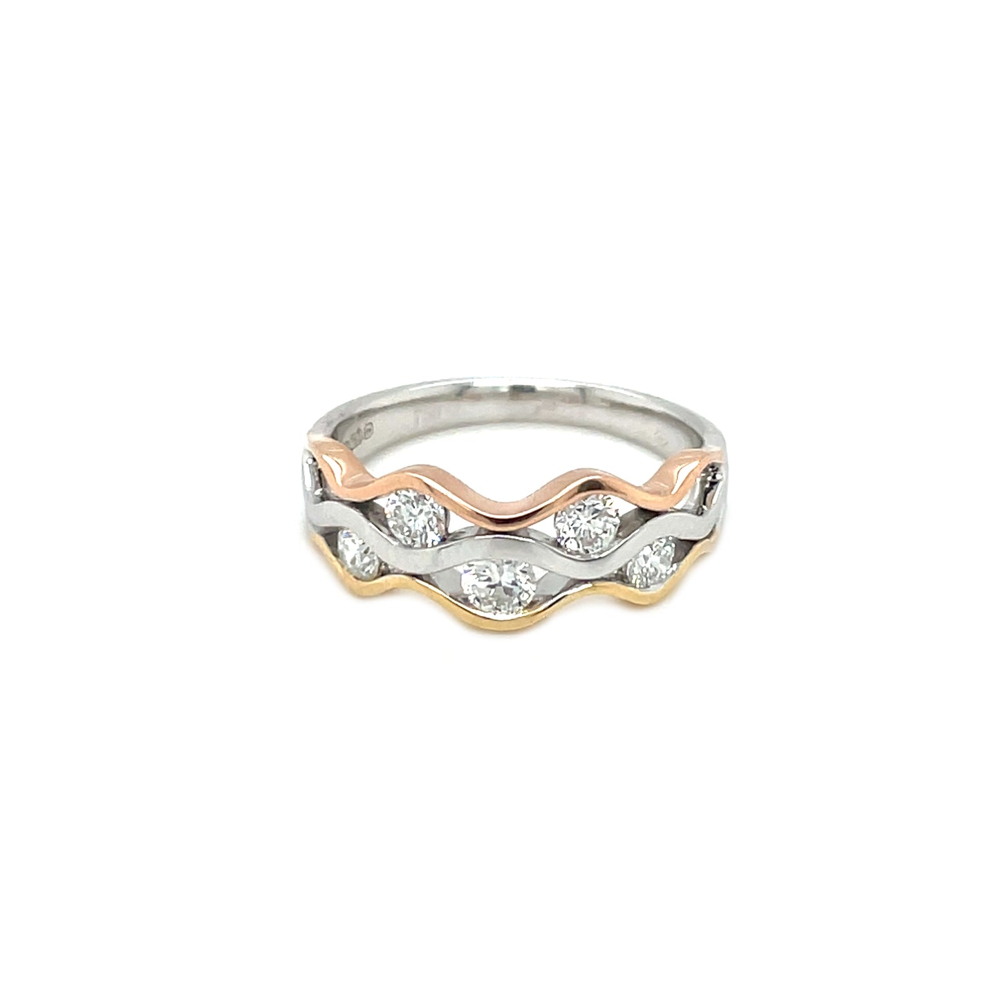 18ct White, Yellow & Rose Gold Diamond Wave Ring (Size M)