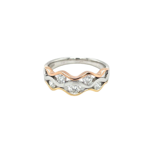 18ct White, Yellow & Rose Gold Diamond Wave Ring (M)