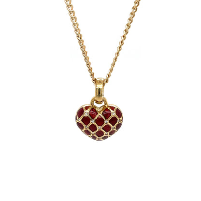 18ct Yellow Gold & Red Enamel Diamond Set Pendant & Chain