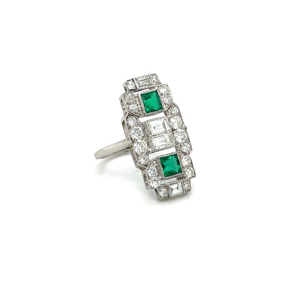 Platinum Emerald & Diamond Art Deco Plaque Ring