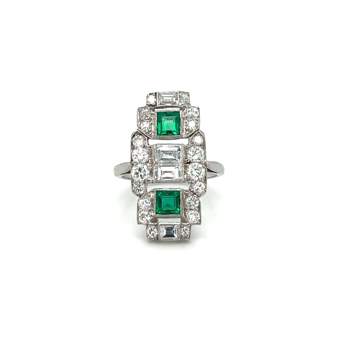 Platinum Emerald & Diamond Art Deco Plaque Ring