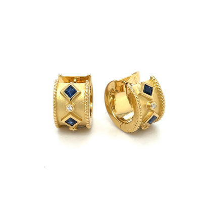 18ct Yellow Gold Sapphire & Diamond Roman-style Huggie Hoop Earrings