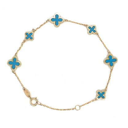 9ct Yellow Gold Turqouise Clover Station Bracelet