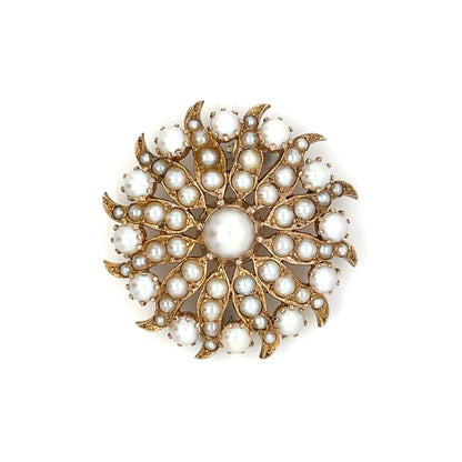 9ct Yellow Gold Pearl Sunburst Brooch or Pendant