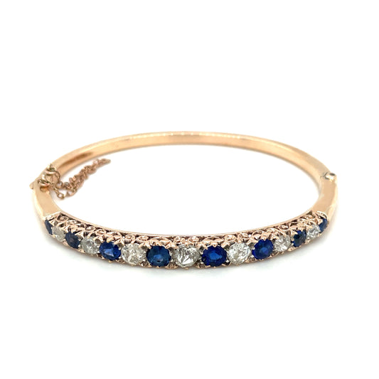 15ct Yellow Gold Sapphire & Old-Cut Diamond Hinged Bangle