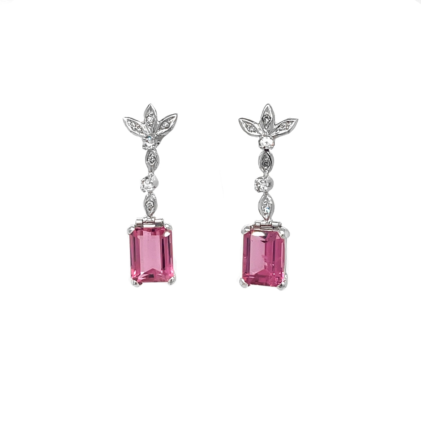 Pink Tourmaline & Diamond 'Leaf' 18ct White Gold Drop Earrings