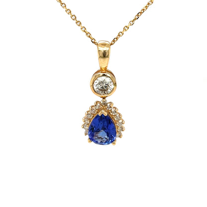 18ct Yellow Gold Tanzanite & Diamond Cluster Pendant & Chain