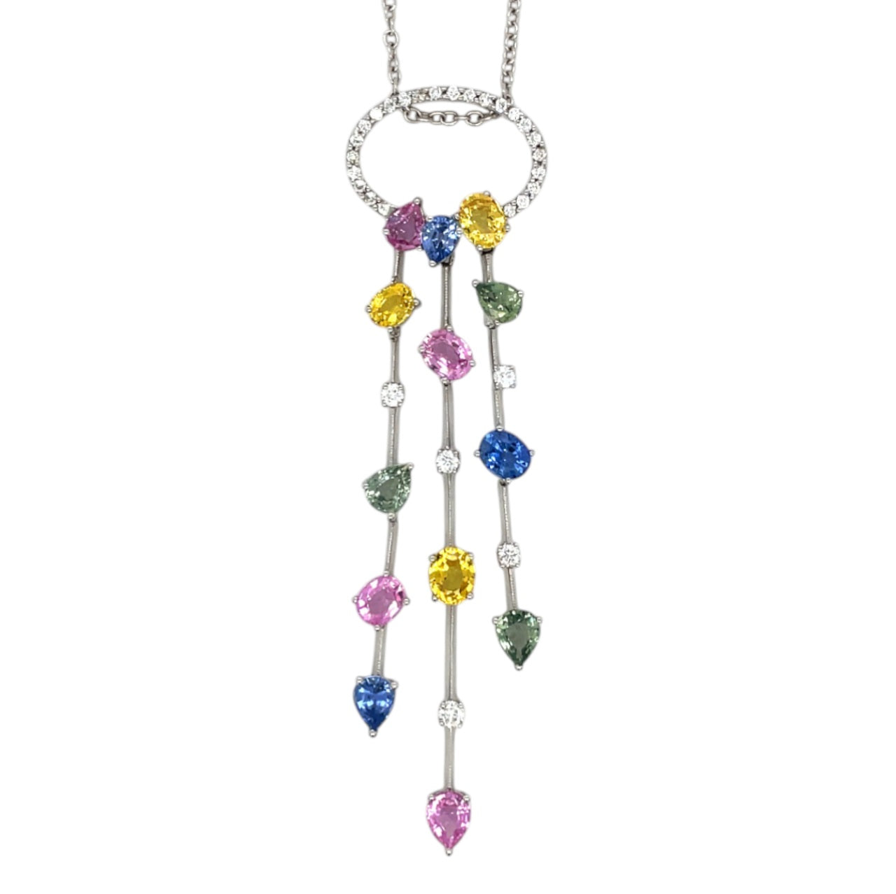 18ct White Gold Multi-Coloured Sapphire & Diamond Pendant & Chain (18")