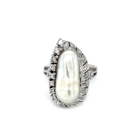18ct White Gold Baroque Pearl & Diamond Cluster Ring (M1/2)