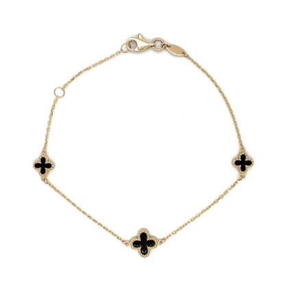9ct Yellow Gold Onyx Clover Station Bracelet