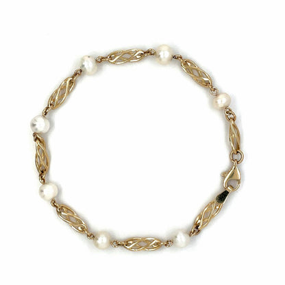 9ct Yellow Gold Freshwater Pearl & Twist Link Station Bracelet