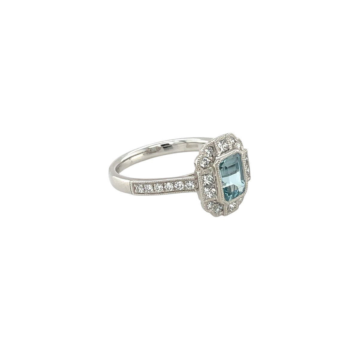 Platinum Aquamarine & Diamond Cluster Ring (N)
