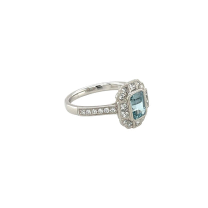 Platinum Aquamarine & Diamond Cluster Ring (N)