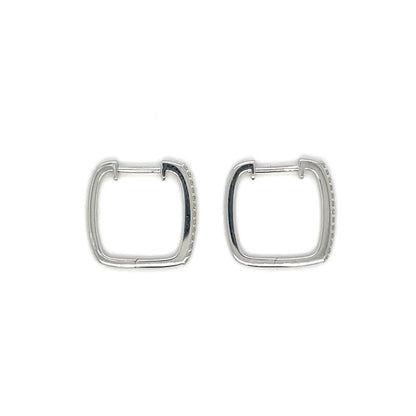 An elegant pair of square-shaped hoops, crafted in 9-carat white gold, set with round diamonds. These hoops are secured with a hinged clasp.