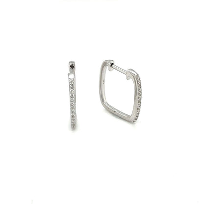 An elegant pair of square-shaped hoops, crafted in 9-carat white gold, set with round diamonds. These hoops are secured with a hinged clasp.