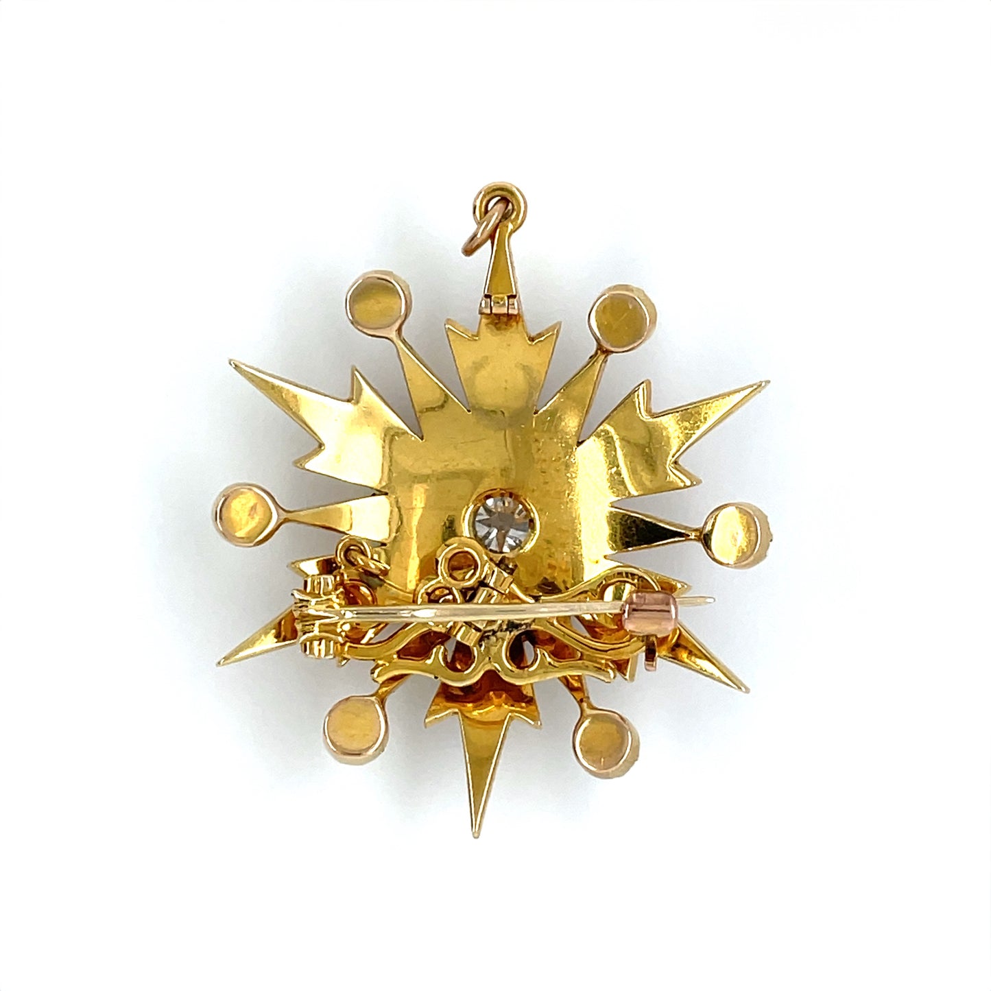 15ct Yellow Gold Diamond & Pearl Starburst Brooch/Pendant