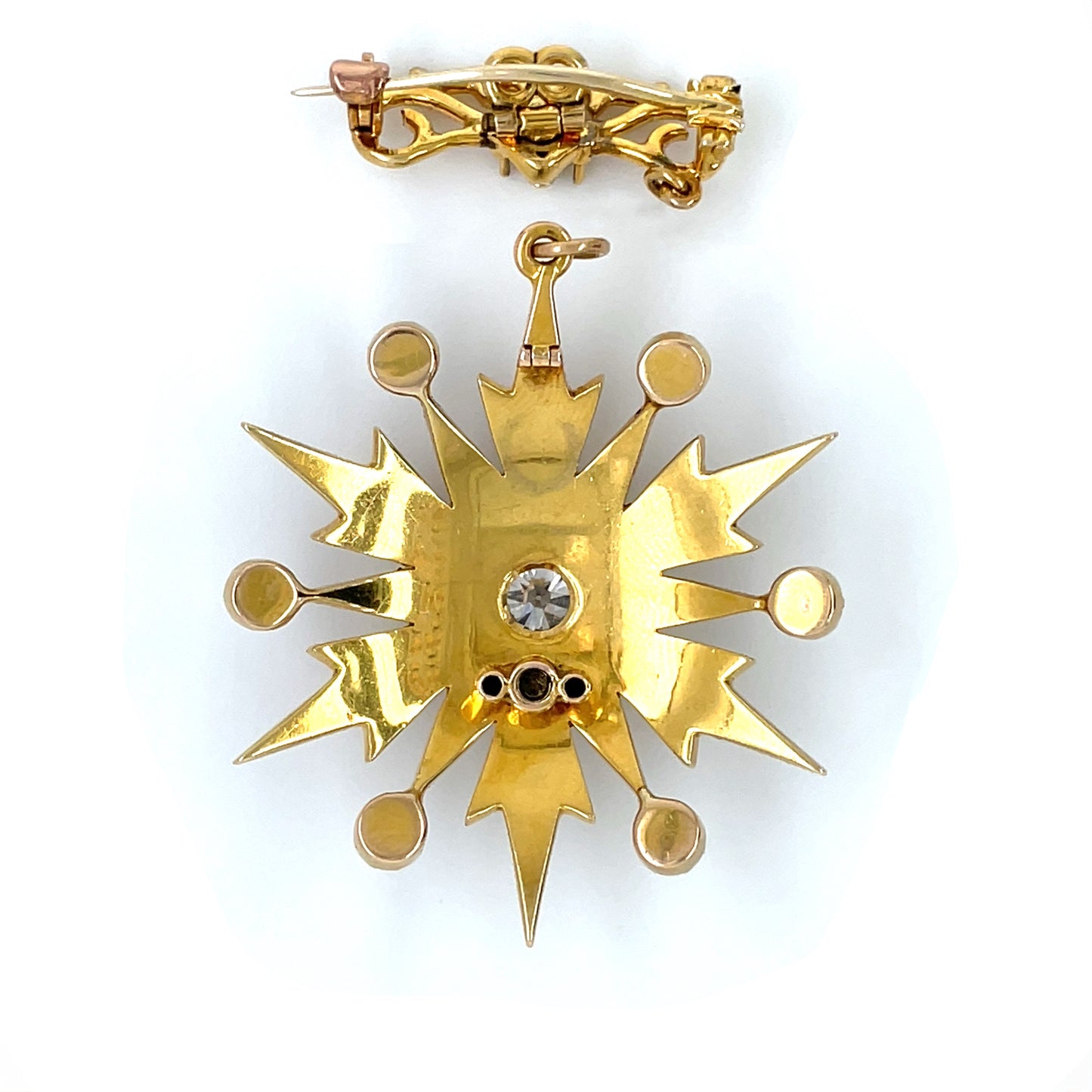 15ct Yellow Gold Diamond & Pearl Starburst Brooch/Pendant