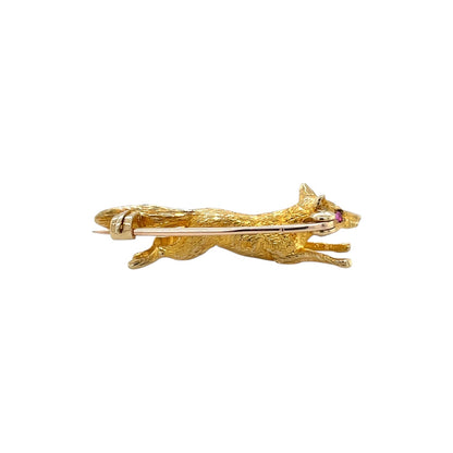 9ct Yellow Gold & Ruby Running Fox Brooch