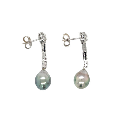 18ct White Gold Tahitian Pearl & Diamond Cluster Drop Earrings