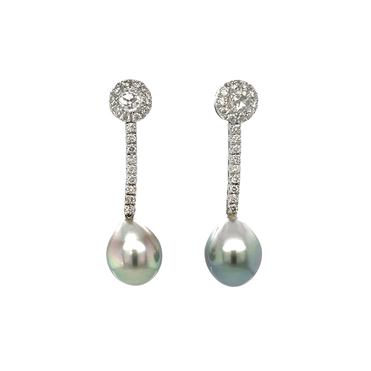 18ct White Gold Tahitian Pearl & Diamond Cluster Drop Earrings