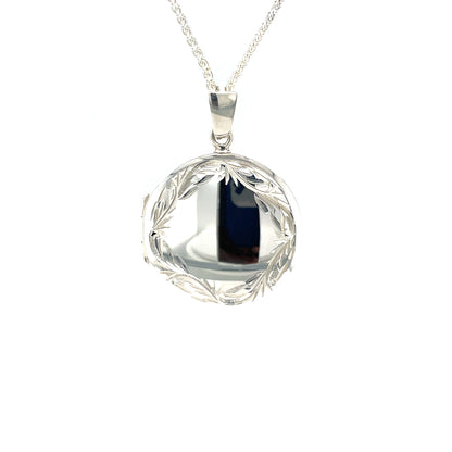 Silver Round Scroll Border Locket Pendant & Chain (16-18")