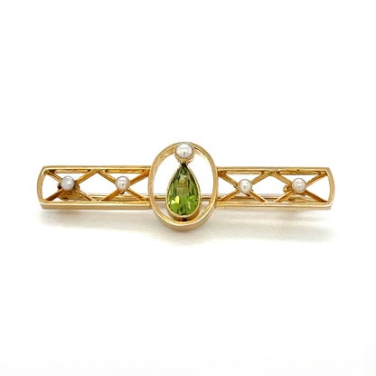15ct Yellow gold Peridot & Pearl Brooch