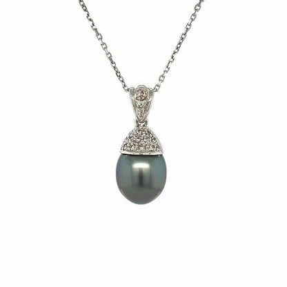 18ct White Gold Tahitian Pearl & Diamond Pendant & Chain