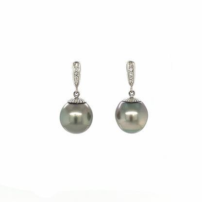 18ct White Gold Tahitian Pearl & Diamond Drop Earrings