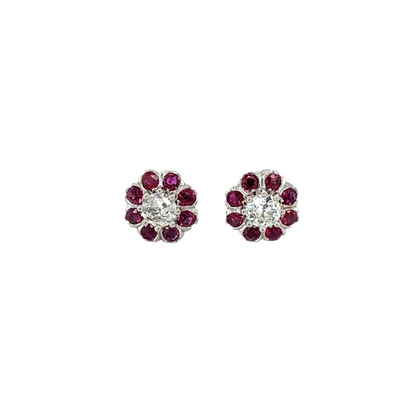 18ct White Gold Ruby & Diamond Cluster Earrings