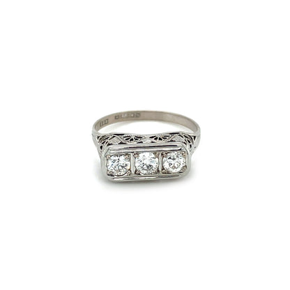 18ct White Gold Diamond Filigree Three-Stone Ring