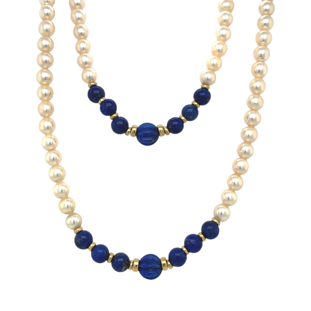 9ct Yellow Gold Pearl & Lapis Lazuli Bead Necklace (32")