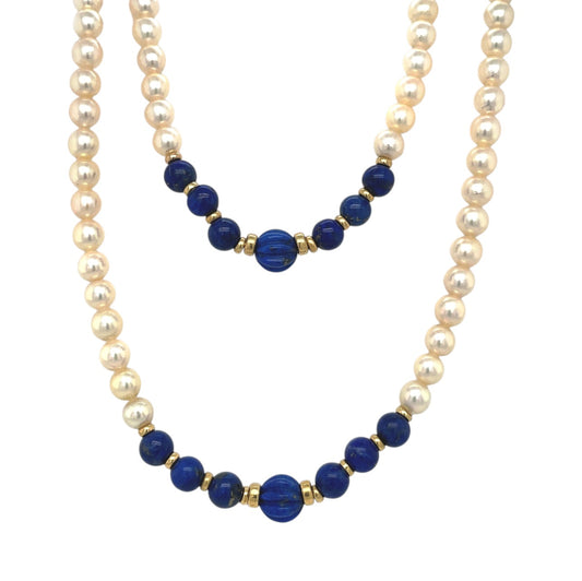 9ct Yellow Gold Pearl & Lapis Lazuli Bead Necklace (32")