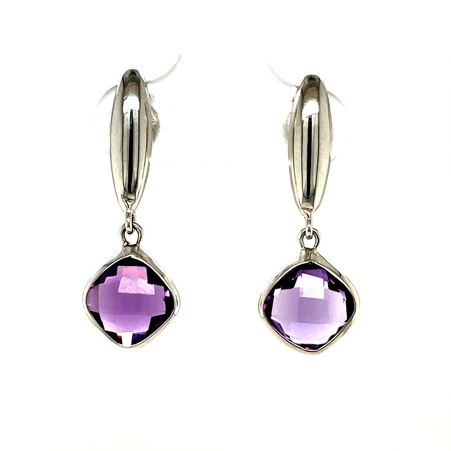 9ct White Gold Amethyst Cushion Drop Earrings