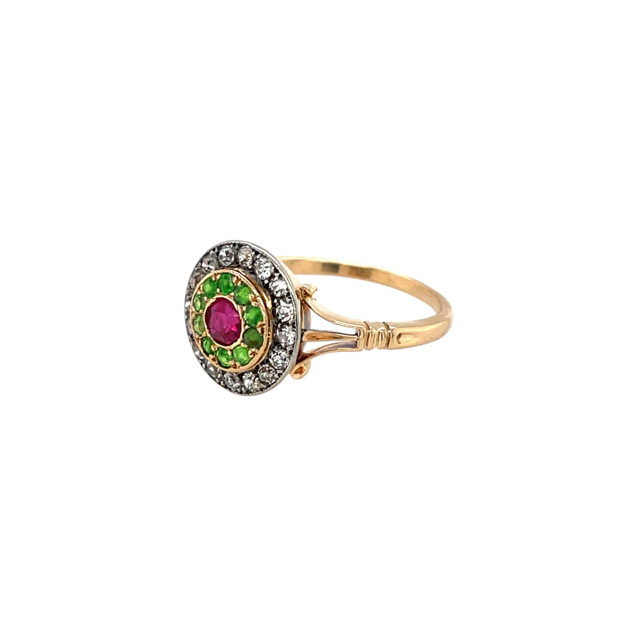 18ct Yellow Gold Diamond, Ruby & Garnet Target Ring (O)