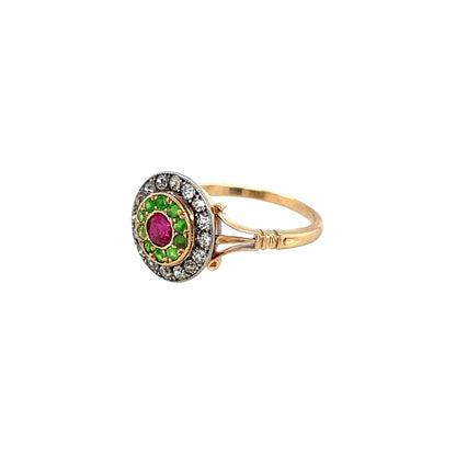 18ct Yellow Gold Diamond, Ruby & Garnet Target Ring (O)