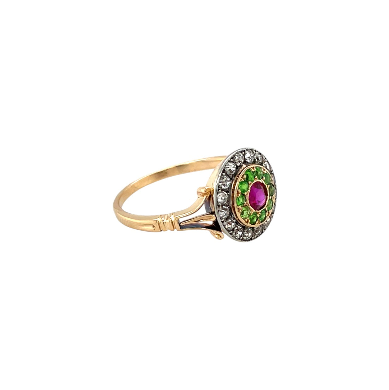 18ct Yellow Gold Diamond, Ruby & Garnet Target Ring (O)