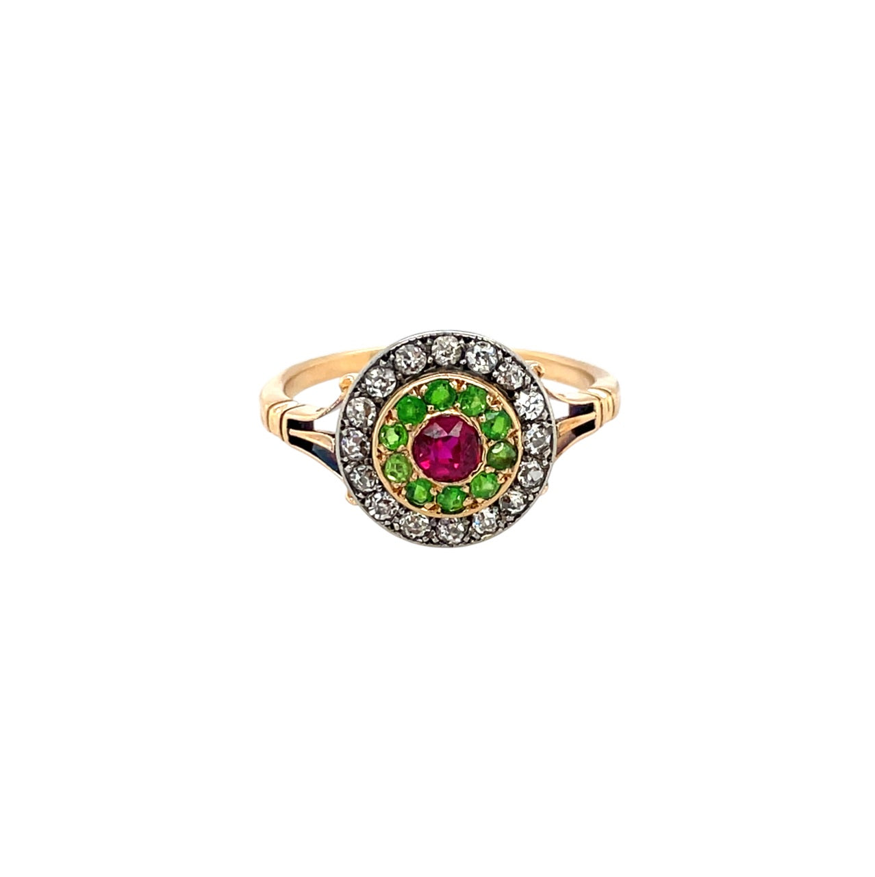 18ct Yellow Gold Diamond, Ruby & Garnet Target Ring (O)