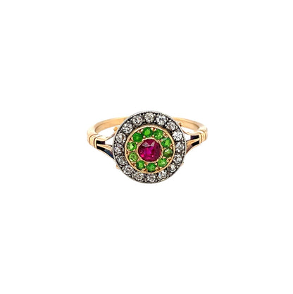 18ct Yellow Gold Diamond, Ruby & Garnet Target Ring (O)