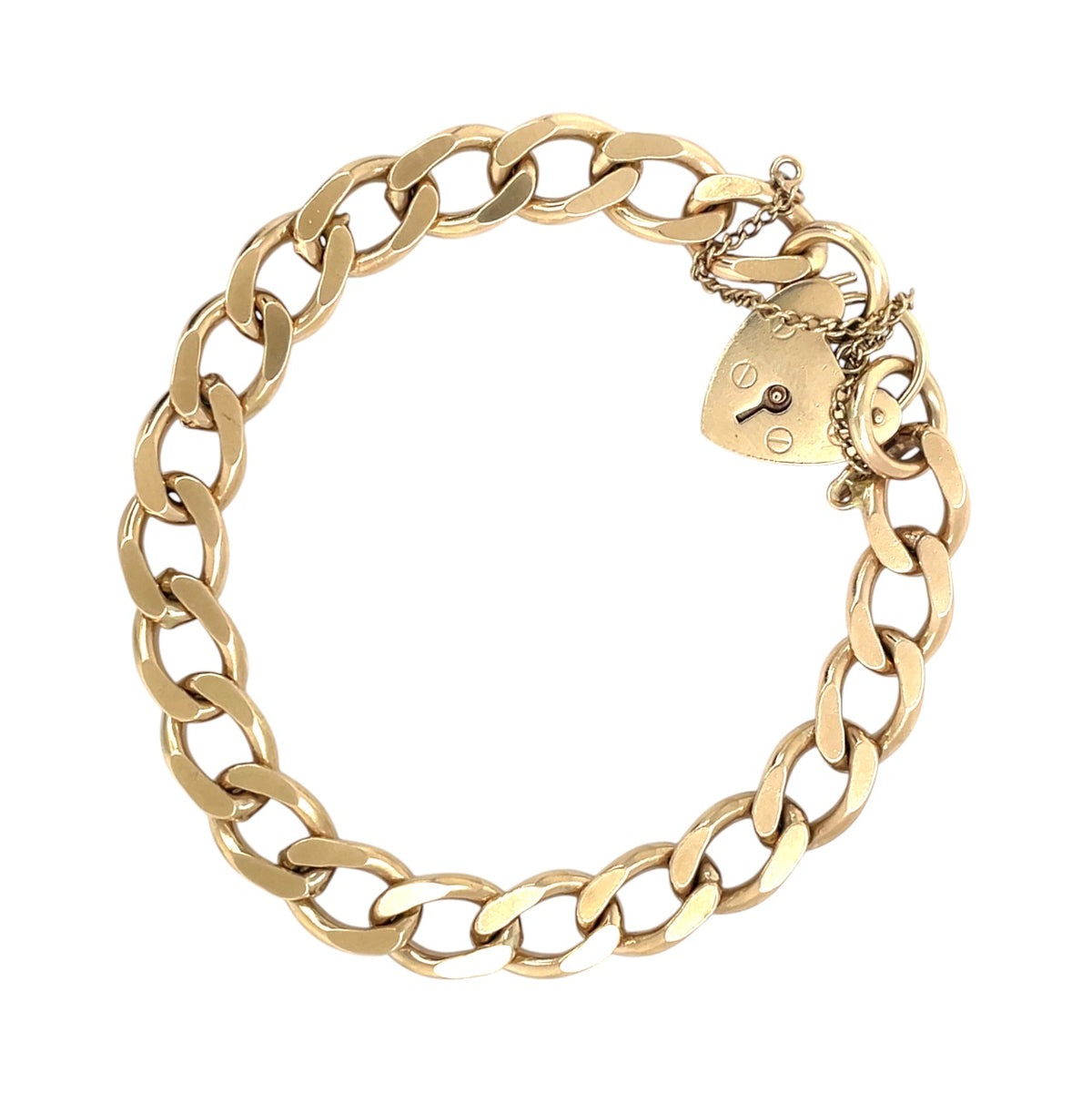 9ct Yellow Gold Curb  Charm Bracelet & Heart Padlock Clasp