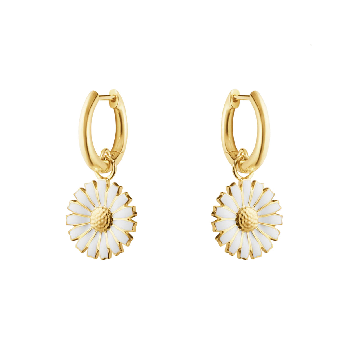 Georg Jensen White Enamel Daisy Gold Plate Hoop Earrings