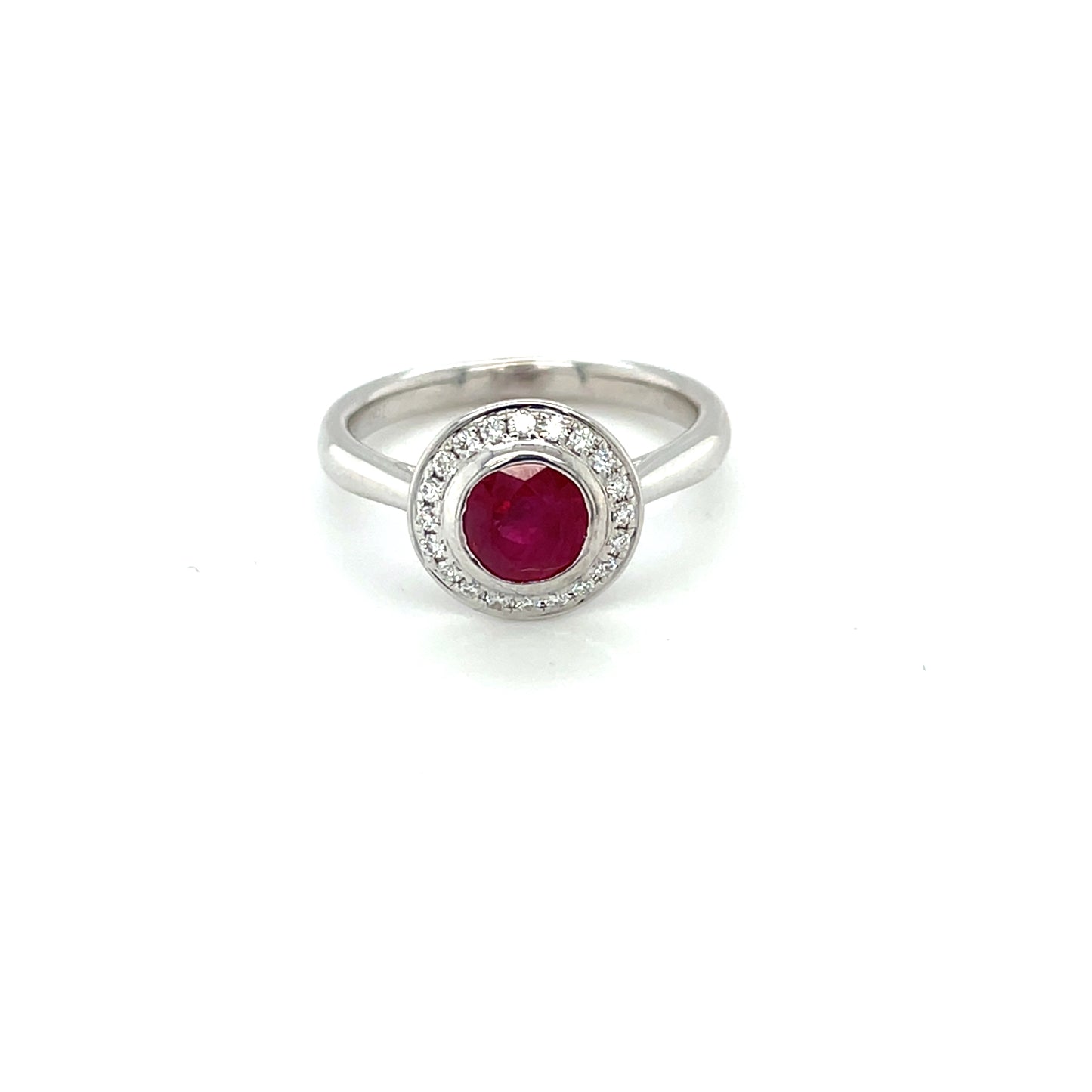 18ct White Gold Ruby and Diamond Cluster Ring (M)