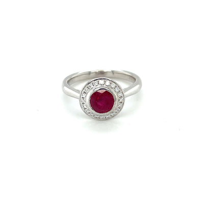 18ct White Gold Ruby and Diamond Cluster Ring (M)