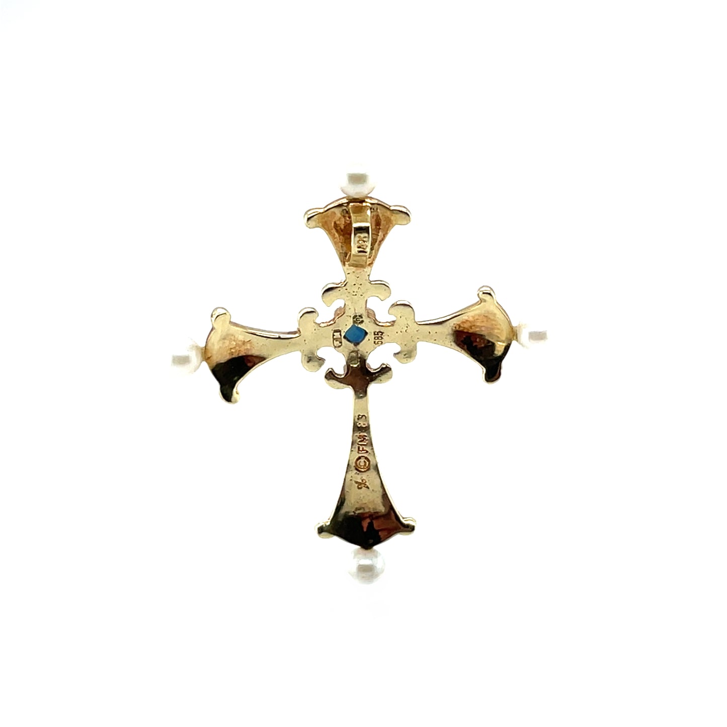14ct Yellow Gold Cross Pendant with Pearls, Diamonds and a Sapphire