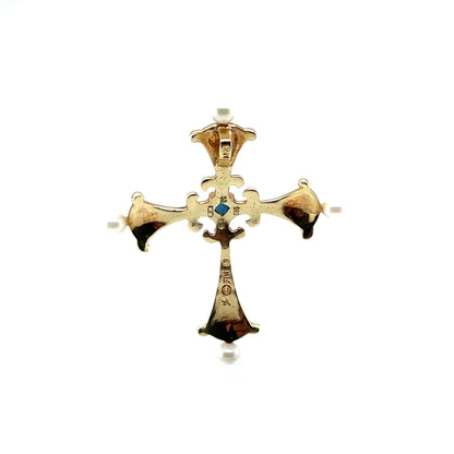 14ct Yellow Gold Cross Pendant with Pearls, Diamonds and a Sapphire
