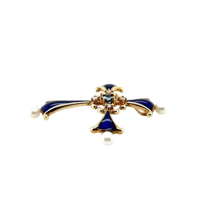14ct Yellow Gold Cross Pendant with Pearls, Diamonds and a Sapphire