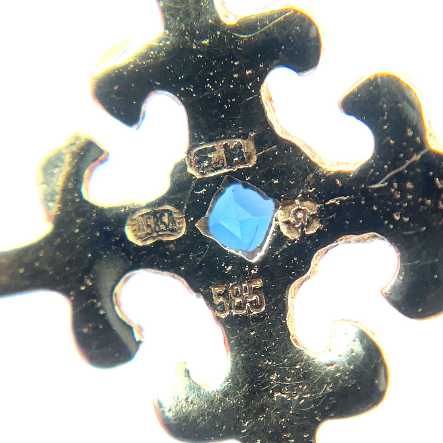 14ct Yellow Gold Cross Pendant with Pearls, Diamonds and a Sapphire